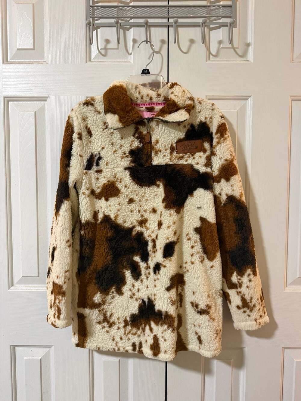 Southern Fried Chics Cow Print Sherpa Quarter Zip Pullover Sweatshirt Size S